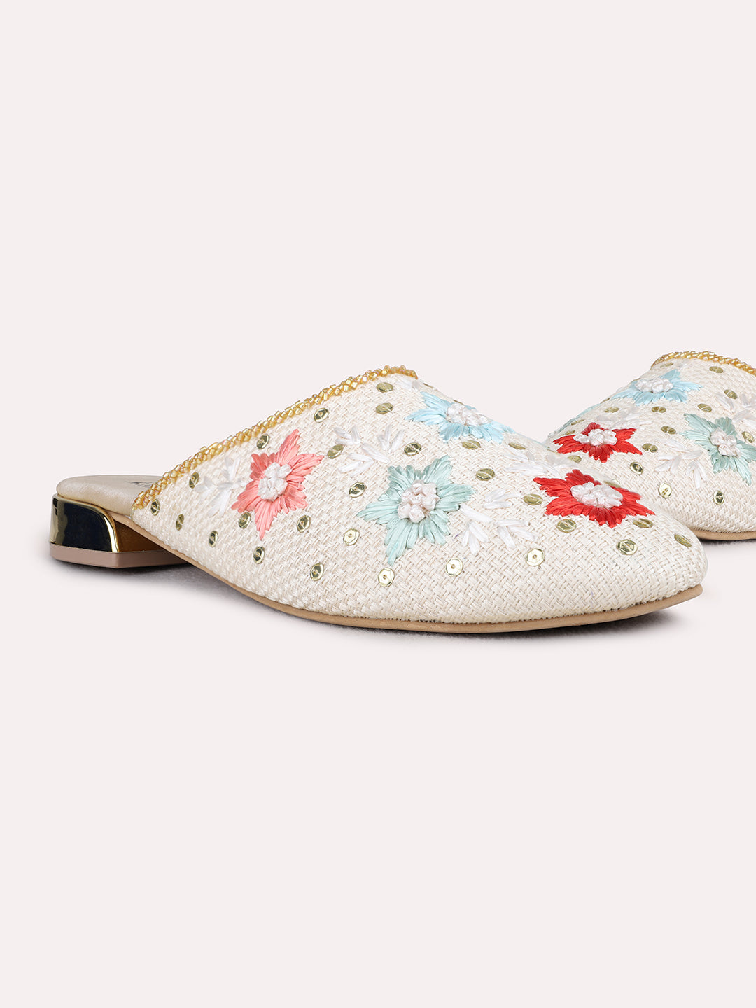 Womens Golden Ethnic Embellished One Toe Flat Slip-On Sandals