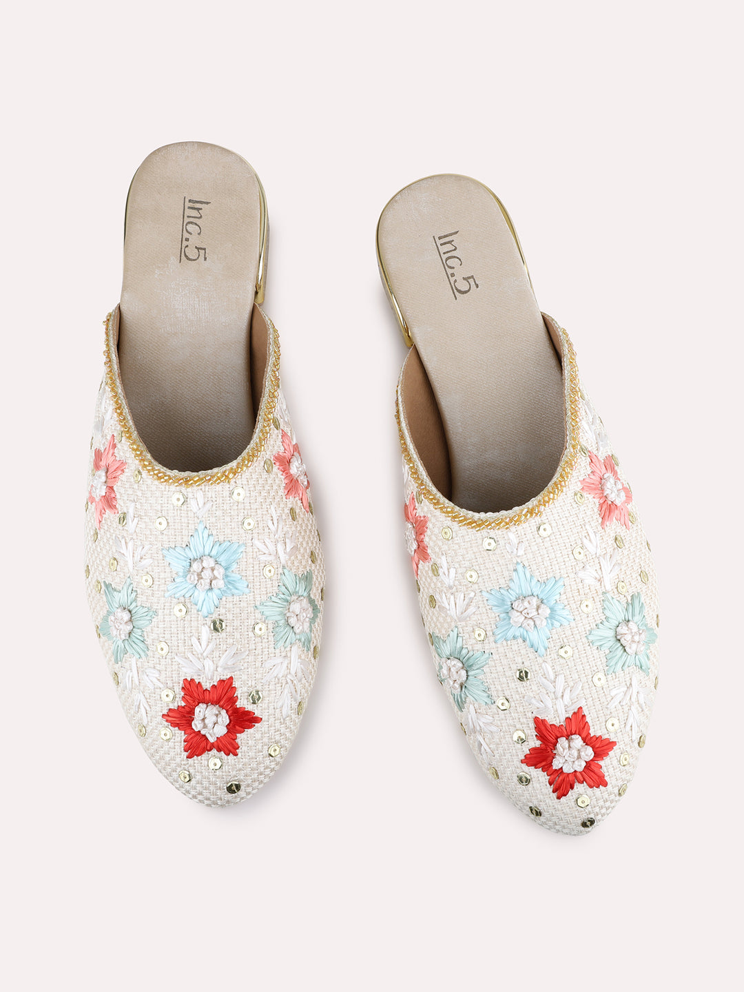 Womens Golden Ethnic Embellished One Toe Flat Slip-On Sandals