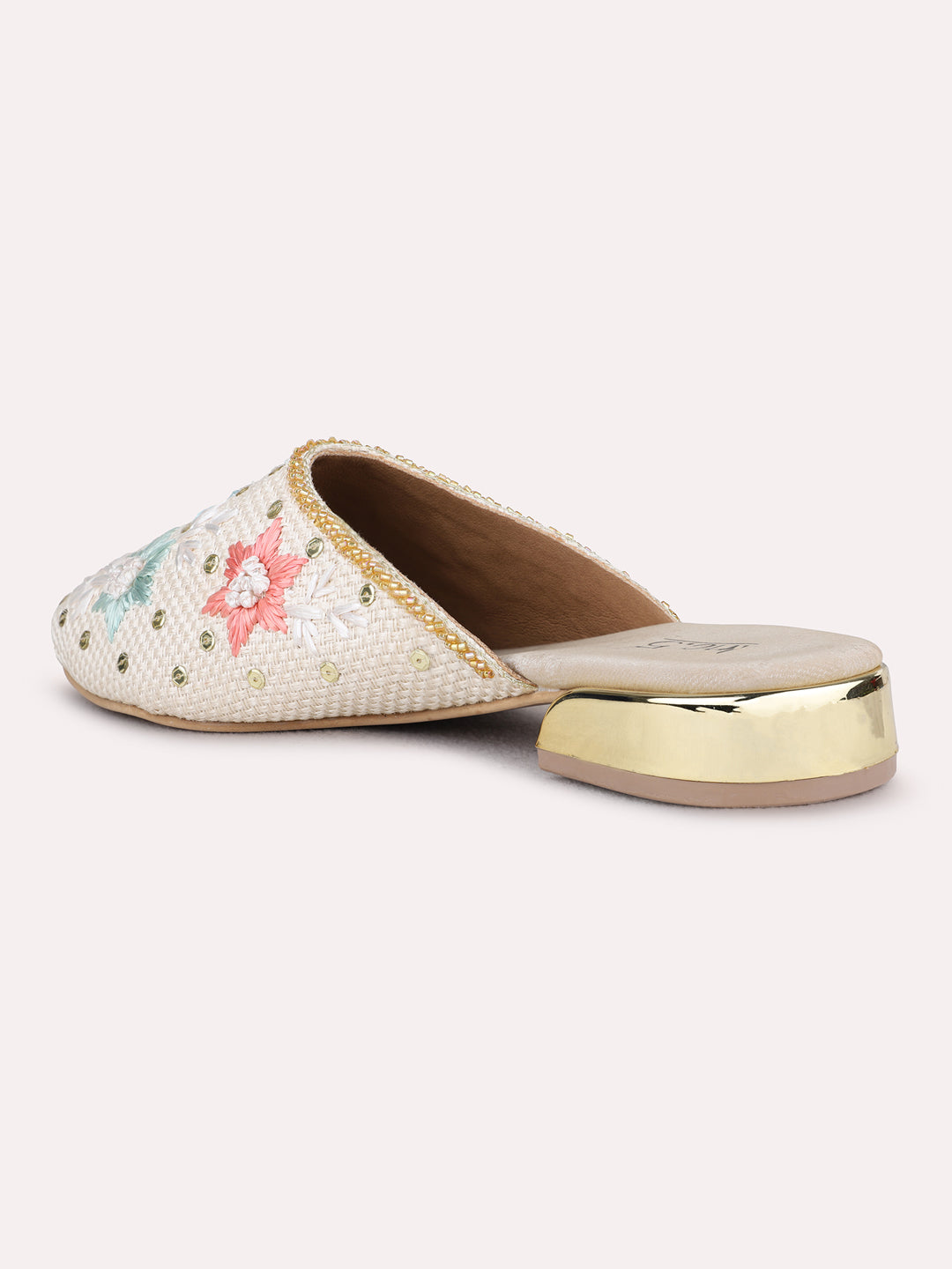 Womens Golden Ethnic Embellished One Toe Flat Slip-On Sandals