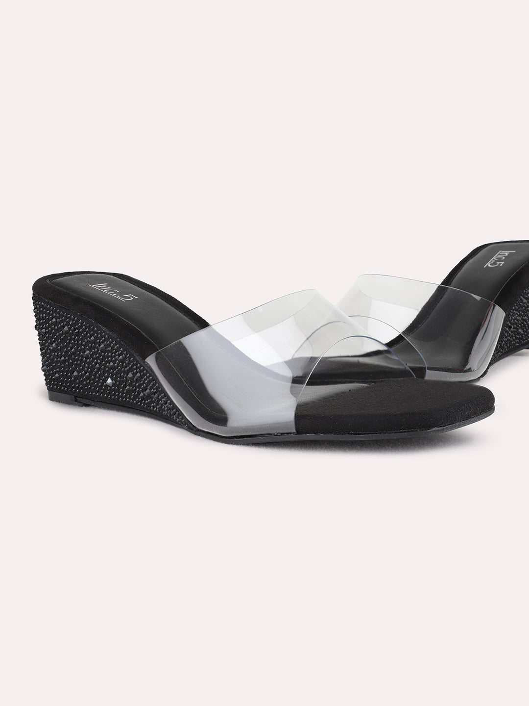 Womens Black Party Wear Transparent Round Toe Wedge Heel Sandals