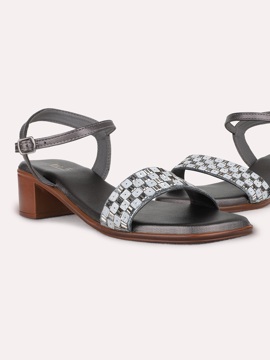 Womens Pewter Party Wear Printed Square Toe Block Heel Sandals