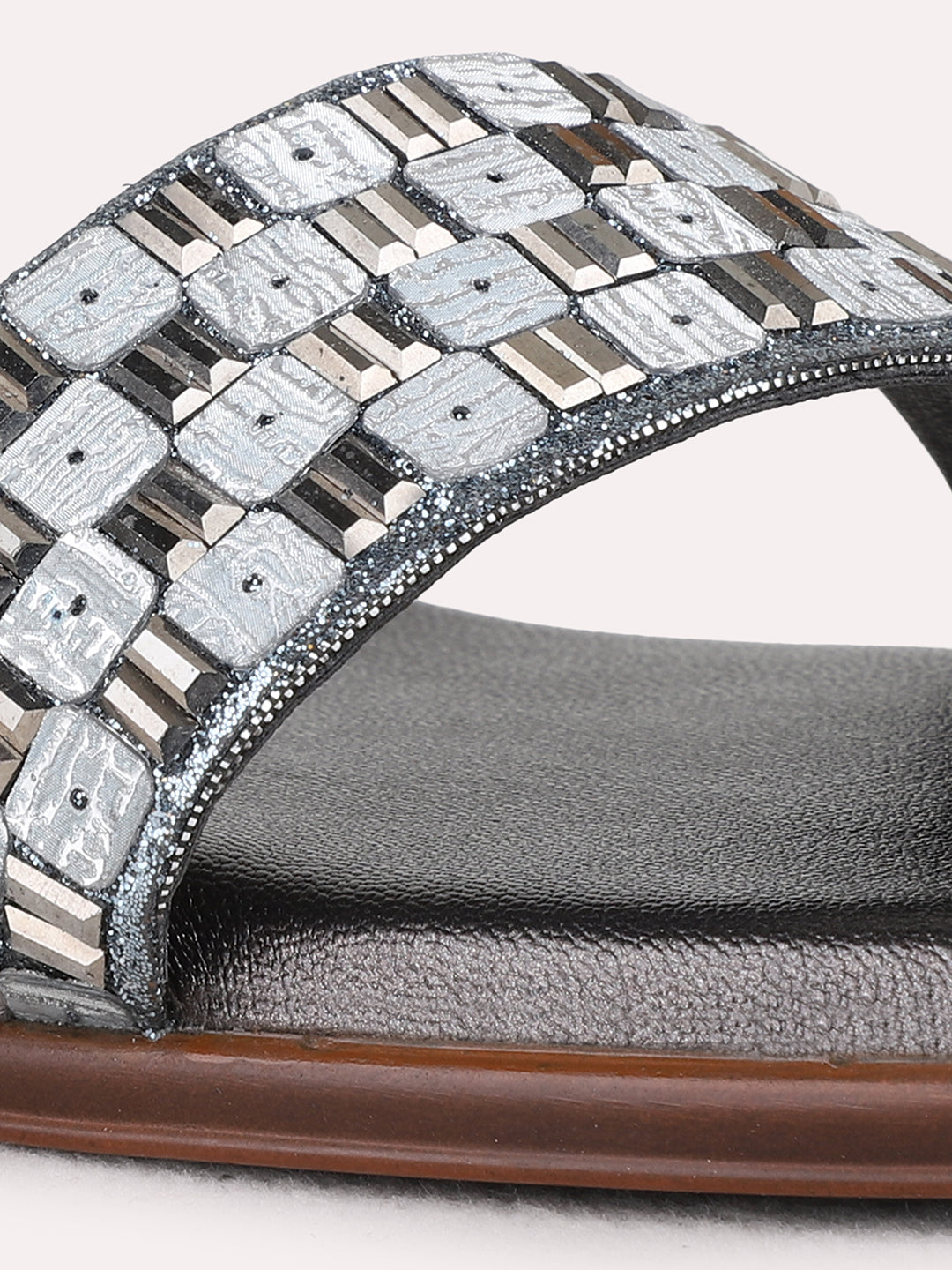 Womens Pewter Party Wear Printed Square Toe Block Heel Sandals