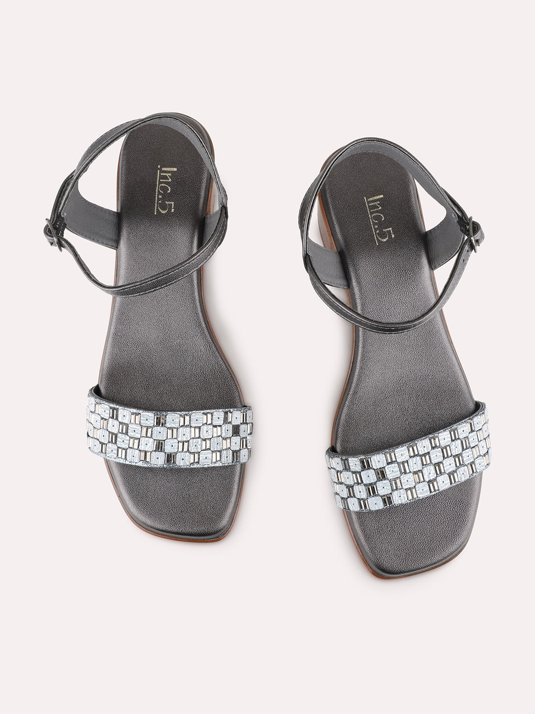 Womens Pewter Party Wear Printed Square Toe Block Heel Sandals