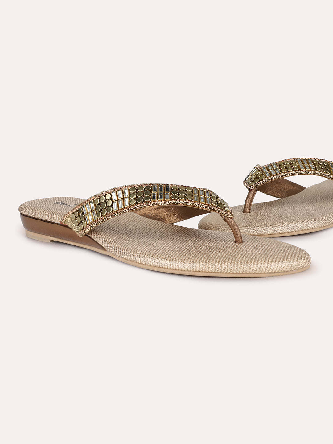 Womens Golden Ethnic Embellished T-Strap Flat Slip-On Sandals