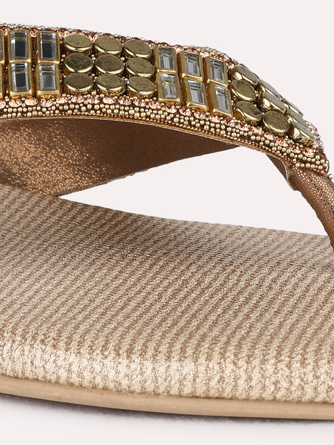 Womens Golden Ethnic Embellished T-Strap Flats