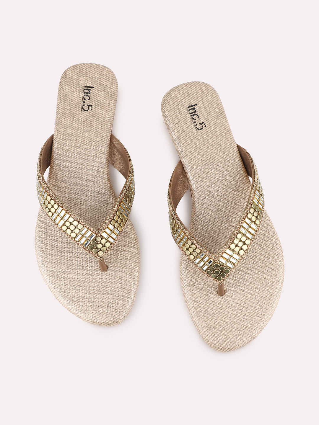 Womens Golden Ethnic Embellished T-Strap Flats