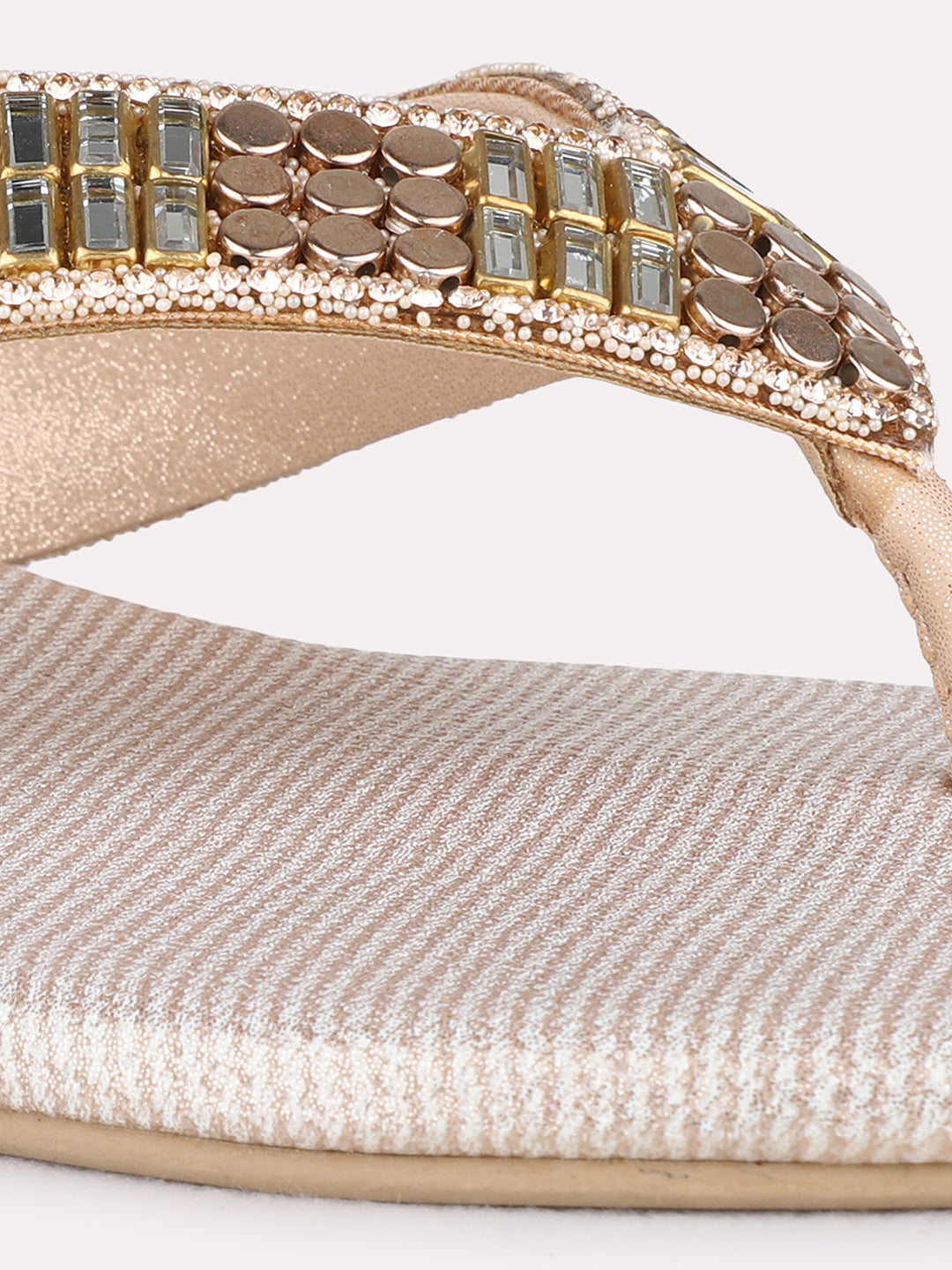 Womens Rose Golden Ethnic Embellished T-Strap Flat Slip-On Sandals