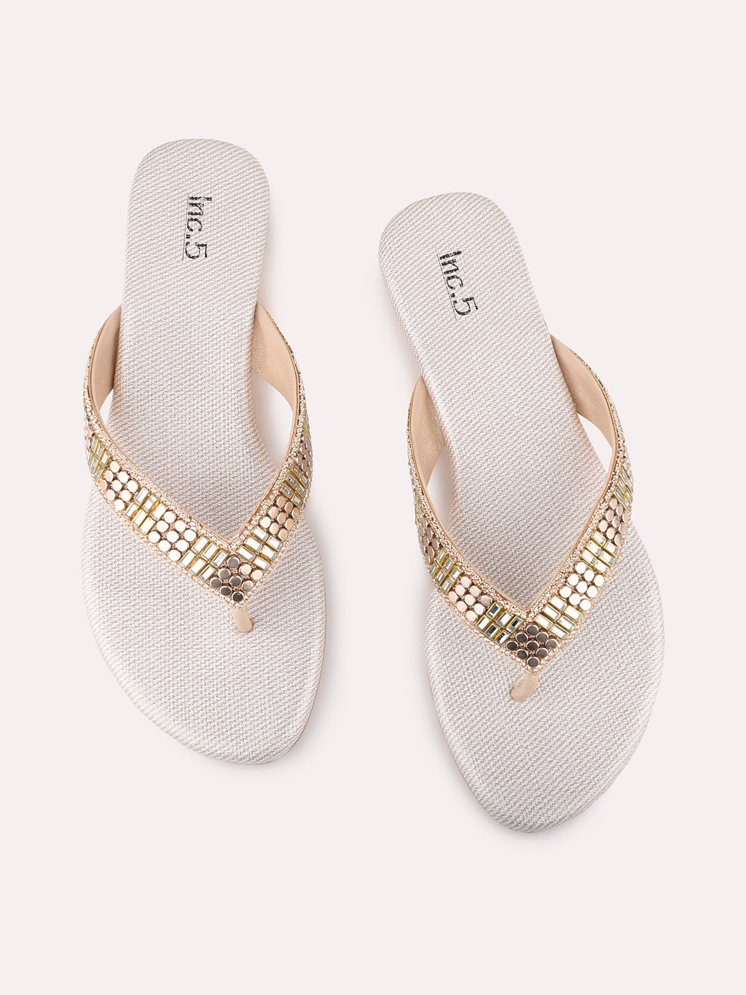 Womens Rose Golden Ethnic Embellished T-Strap Flat Slip-On Sandals
