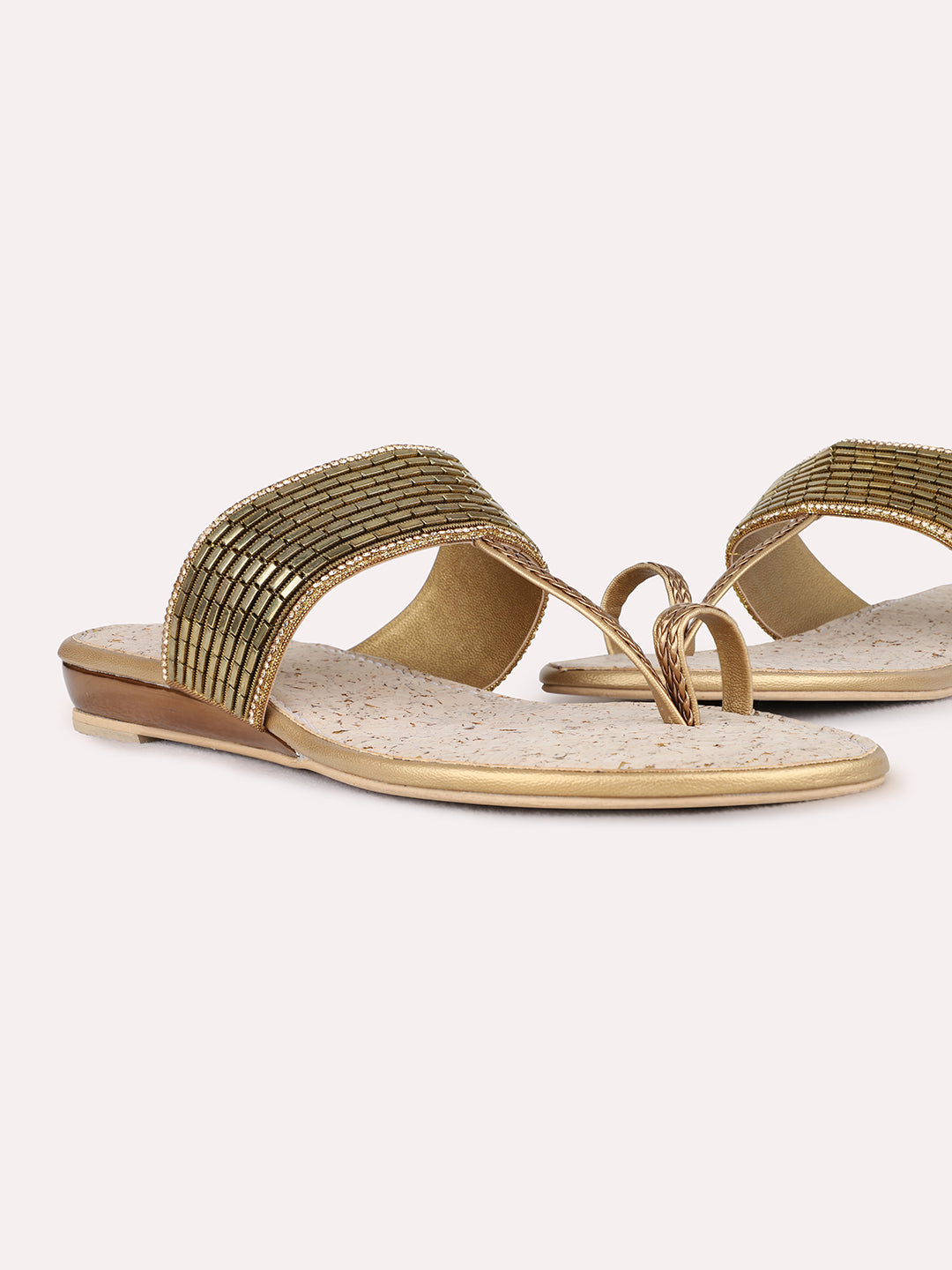 Womens Golden Ethnic Embellished Pattern One Toe Flat Sandals