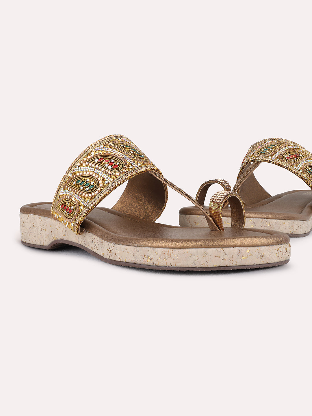 Womens Golden Ethnic Embellished One Toe Flat Sandals