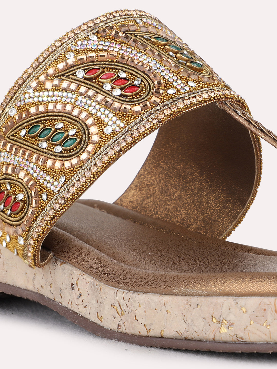 Womens Golden Ethnic Embellished One Toe Flat Sandals