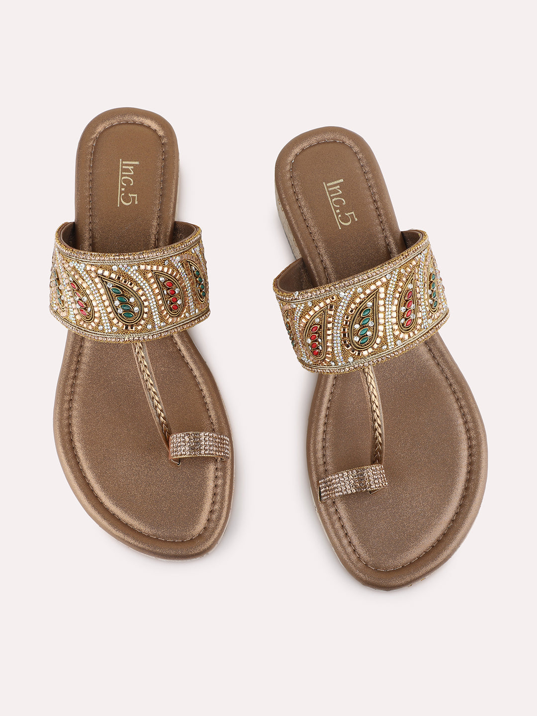 Womens Golden Ethnic Embellished One Toe Flat Sandals