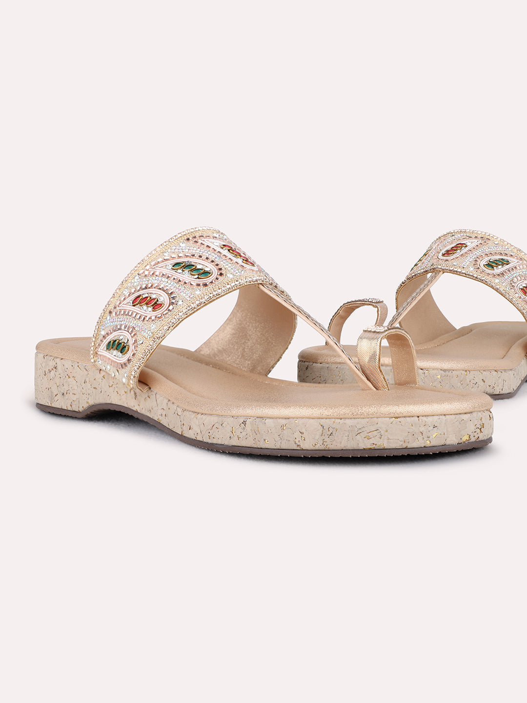 Womens Rose Gold Ethnic Embellished One Toe Flat Sandals