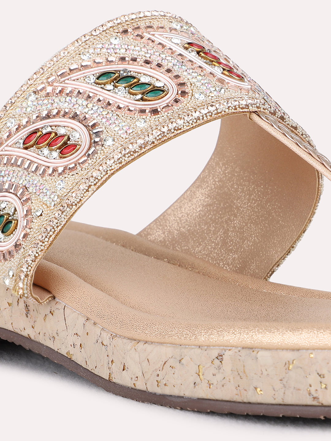 Womens Rose Gold Ethnic Embellished One Toe Flat Sandals