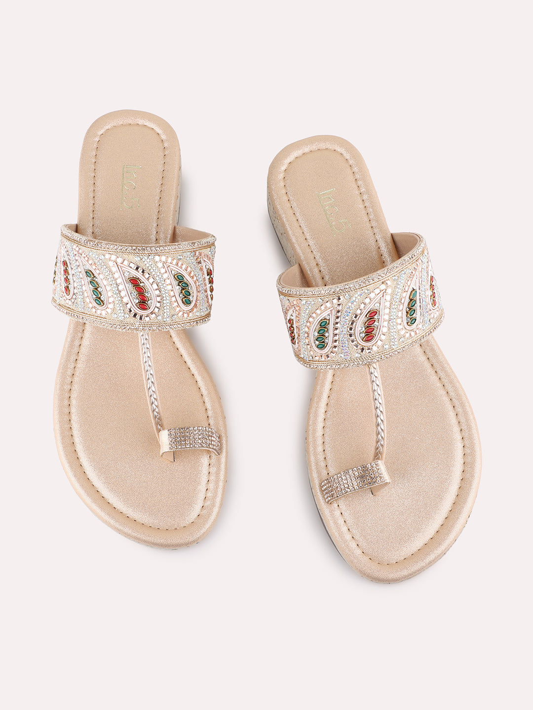 Womens Rose Gold Ethnic Embellished One Toe Flat Sandals