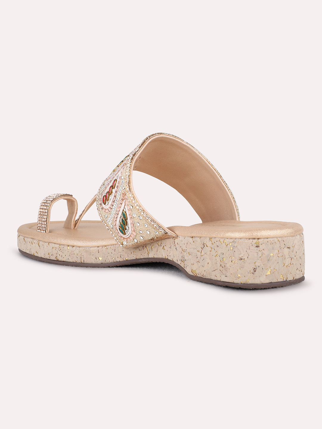 Womens Rose Gold Ethnic Embellished One Toe Flat Sandals