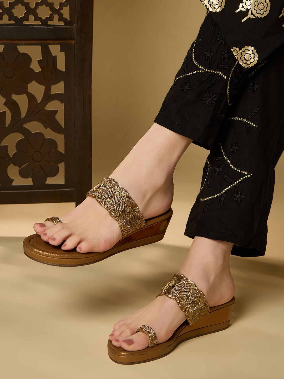 Womens Golden Ethnic Embellished Wedges Sandals
