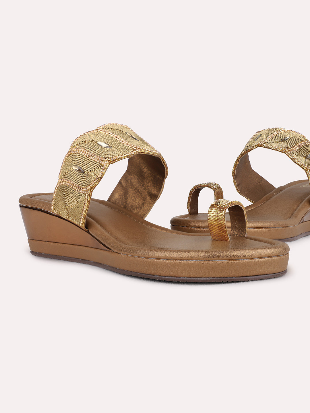 Womens Golden Ethnic Embellished Wedges Sandals