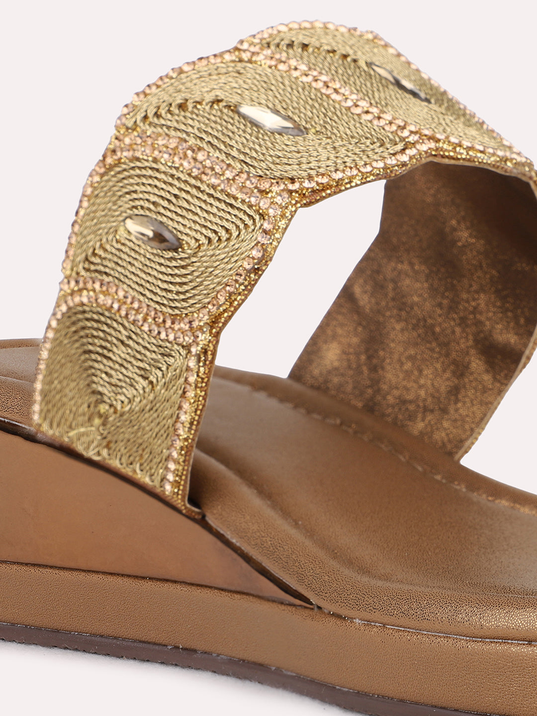 Womens Golden Ethnic Embellished Wedges Sandals