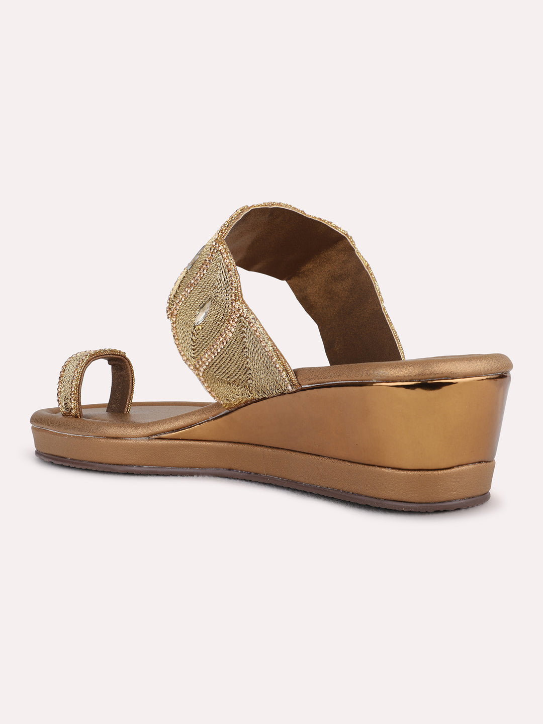 Womens Golden Ethnic Embellished Wedges Sandals