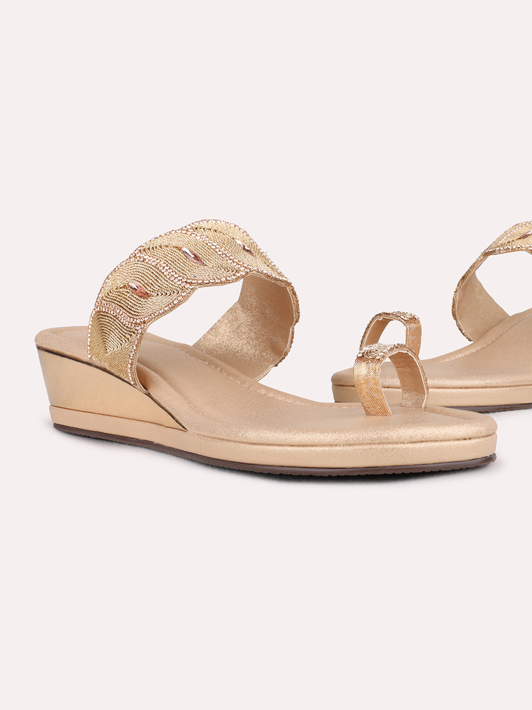 Womens Rose Gold Ethnic Embellished Pattern Wedges Heel Sandal