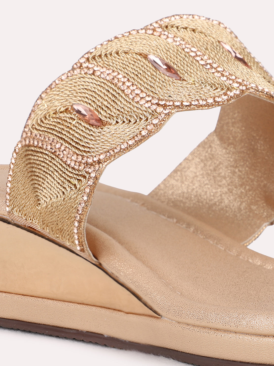 Womens Rose Gold Ethnic Embellished Pattern Wedges Heel Sandal