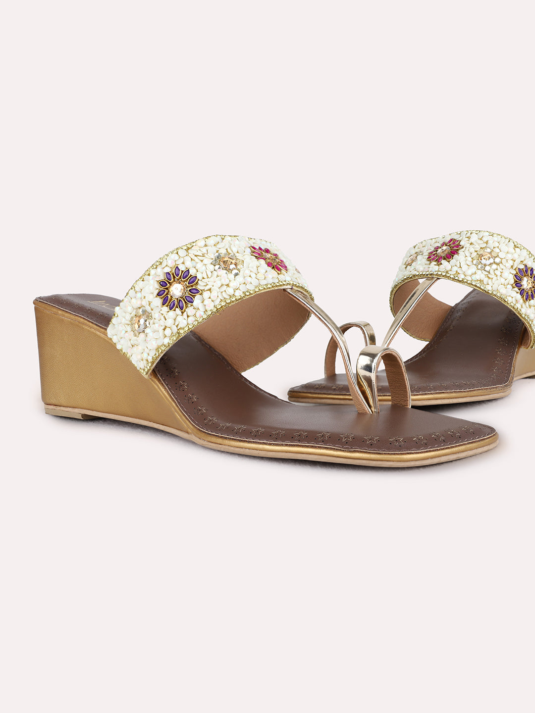Womens Golden Ethnic Embellished Pattern Wedges Sandals