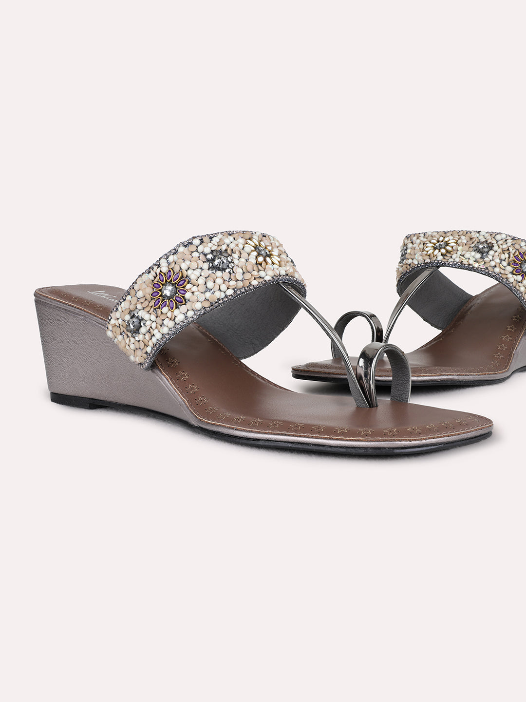 Womens Pewter Ethnic Embellished Wedge Heel Sandals