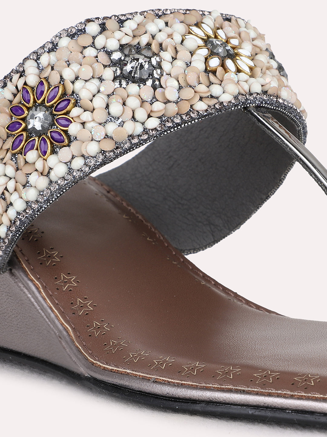 Womens Pewter Ethnic Embellished Wedge Heel Sandals