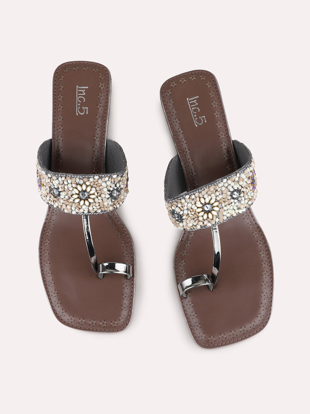 Womens Pewter Ethnic Embellished Wedge Heel Sandals