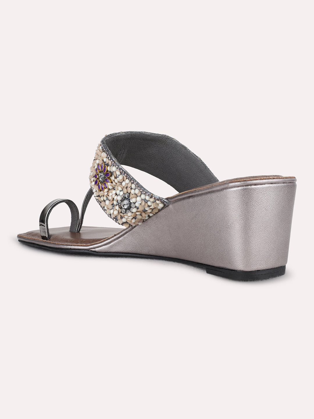 Womens Pewter Ethnic Embellished Wedge Heel Sandals