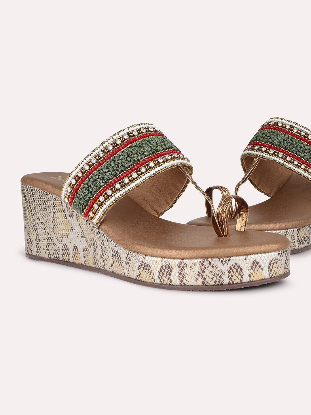 Womens Golden Ethnic Embroidered Round Toe Wedge Heel Sandals