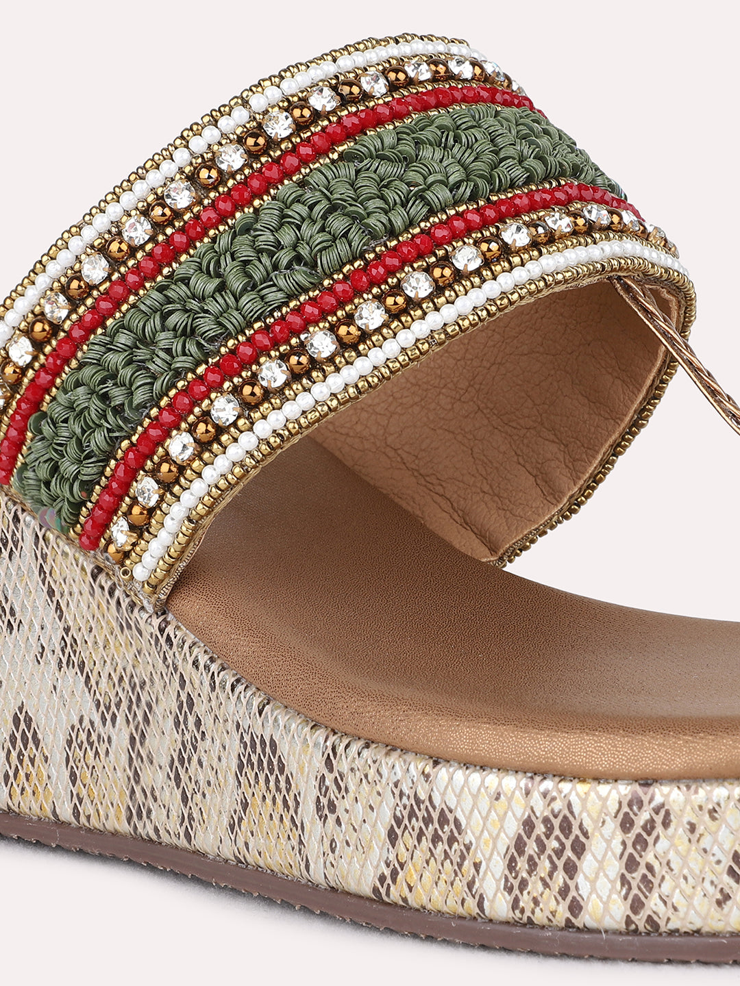 Womens Golden Ethnic Embroidered Round Toe Wedge Heel Sandals