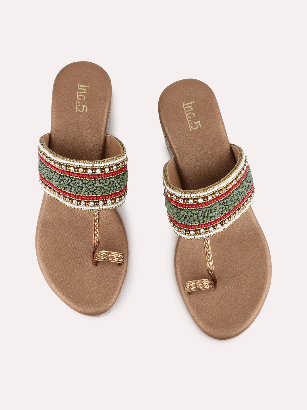 Womens Golden Ethnic Embroidered Round Toe Wedge Heel Sandals