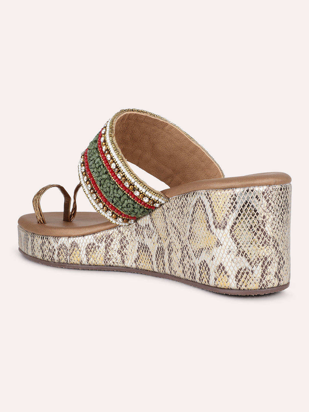 Womens Golden Ethnic Embroidered Round Toe Wedge Heel Sandals