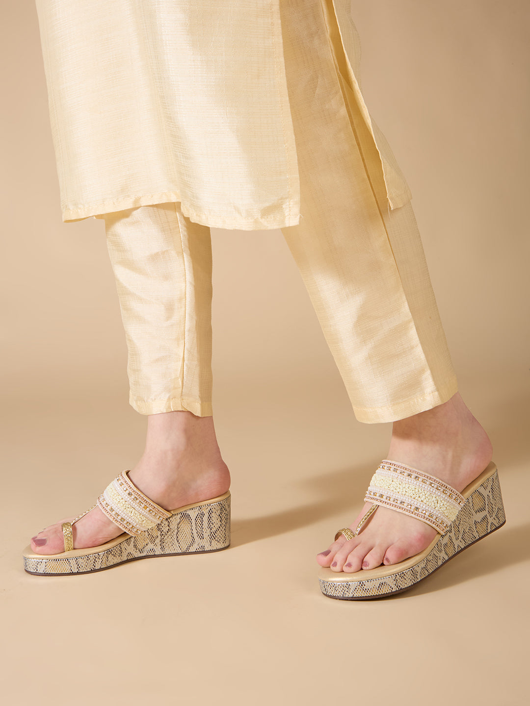Womens Golden Ethnic Embroidered Round Toe Wedge Heel Sandals