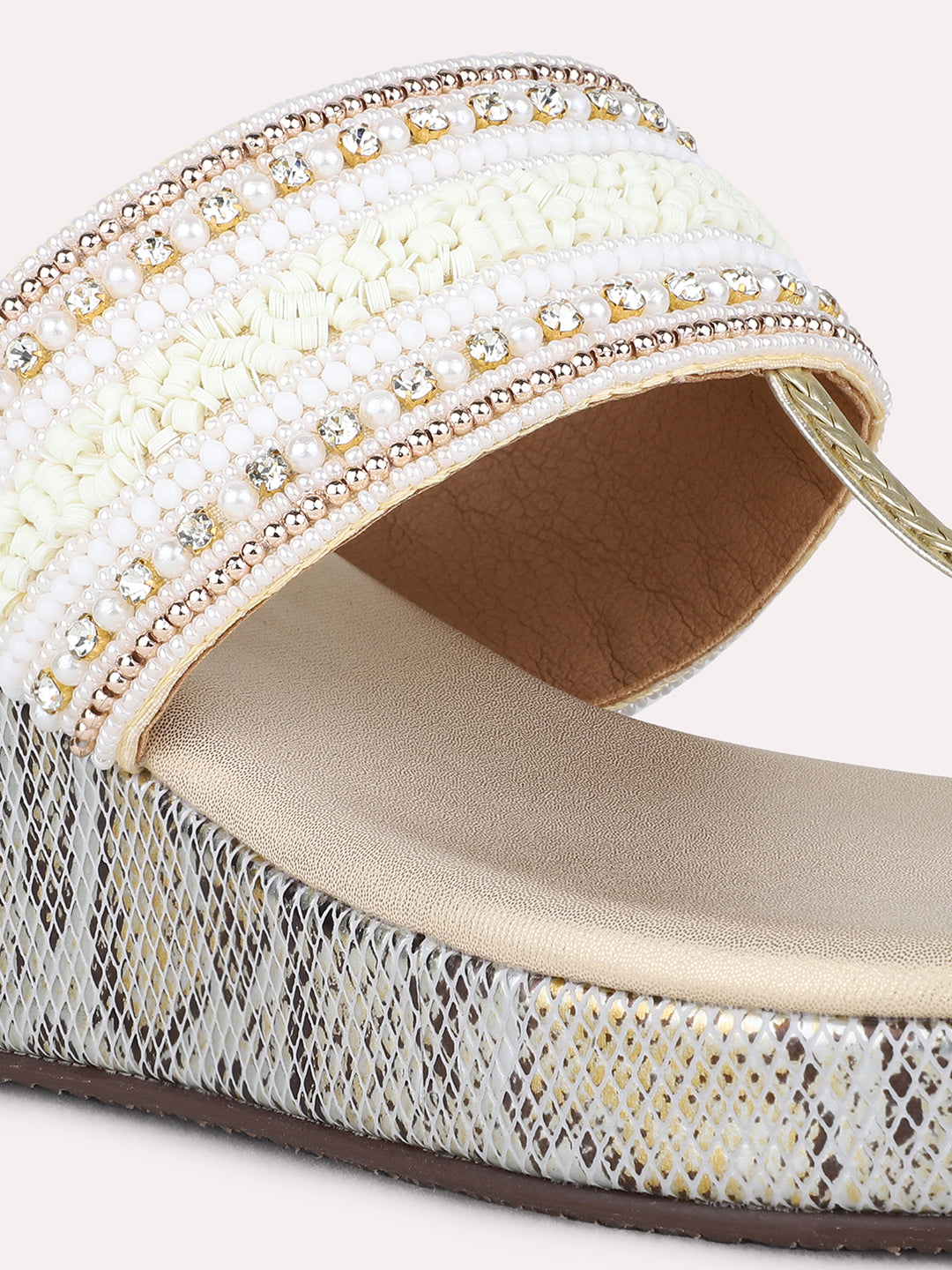 Womens Golden Ethnic Embroidered Round Toe Wedge Heel Sandals