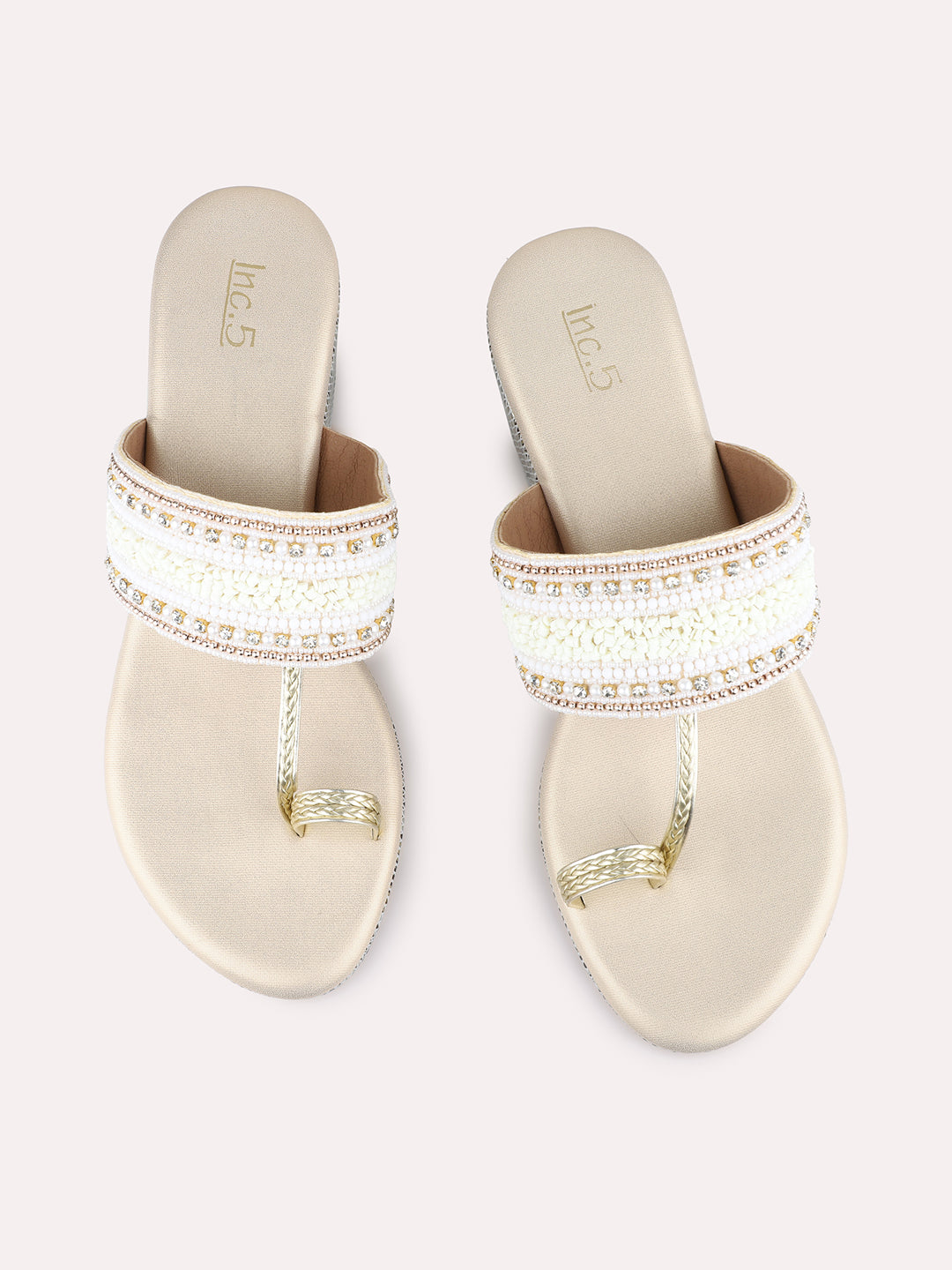 Womens Golden Ethnic Embroidered Round Toe Wedge Heel Sandals