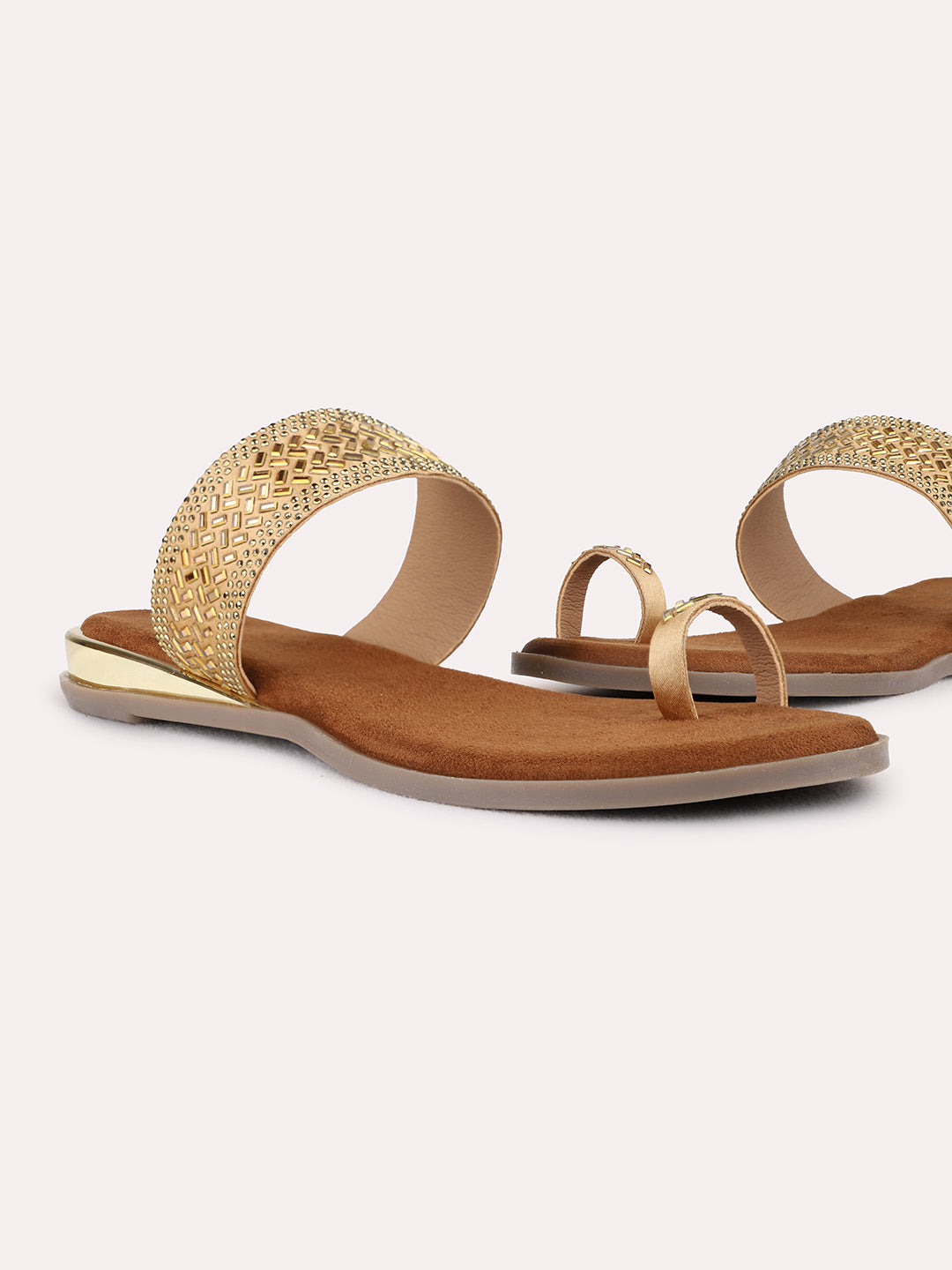 Womens Golden Casual Embellished One Toe Flat Slip On Sandals