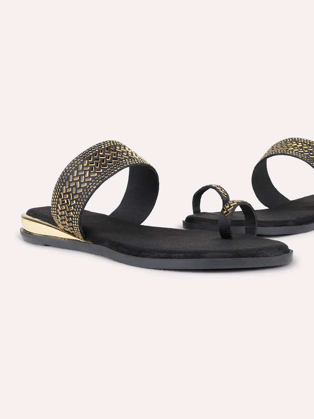 Womens Black Casual Embellished One Toe Flat Slip On Sandals