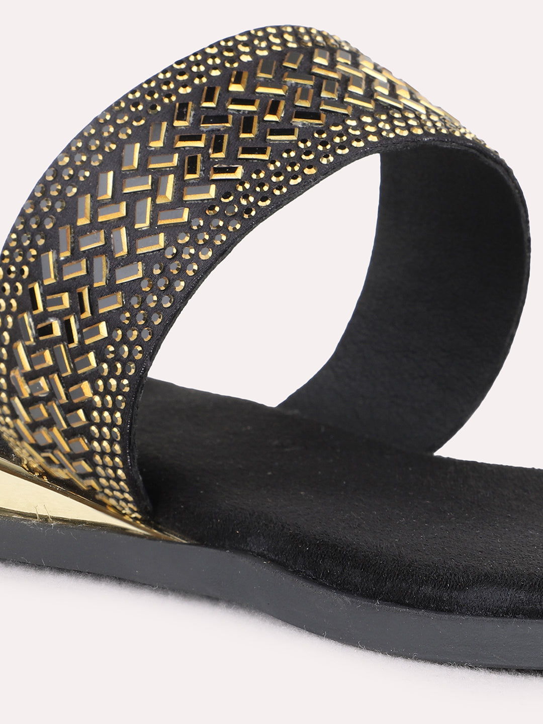 Womens Black Casual Embellished One Toe Flat Slip On Sandals