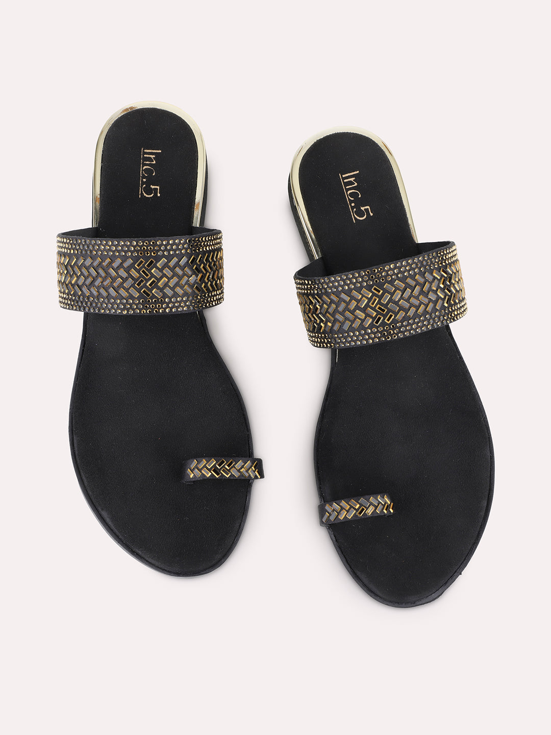 Womens Black Casual Embellished One Toe Flat Slip On Sandals