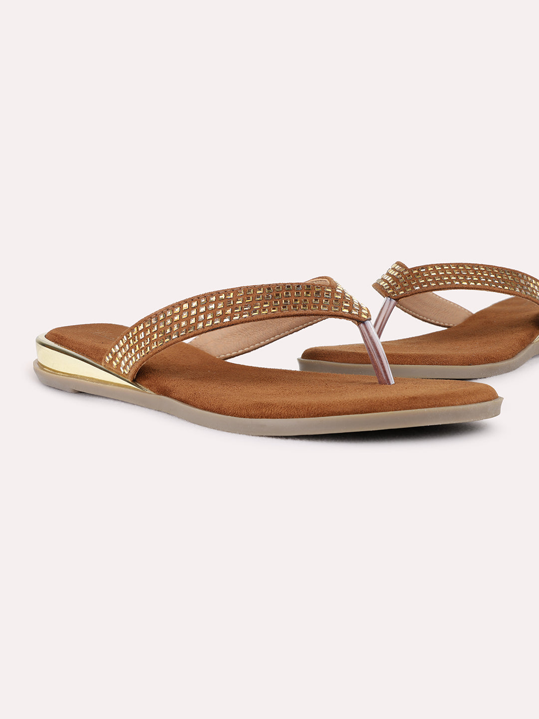 Womens Golden Casual Embellished T-Strap Flats
