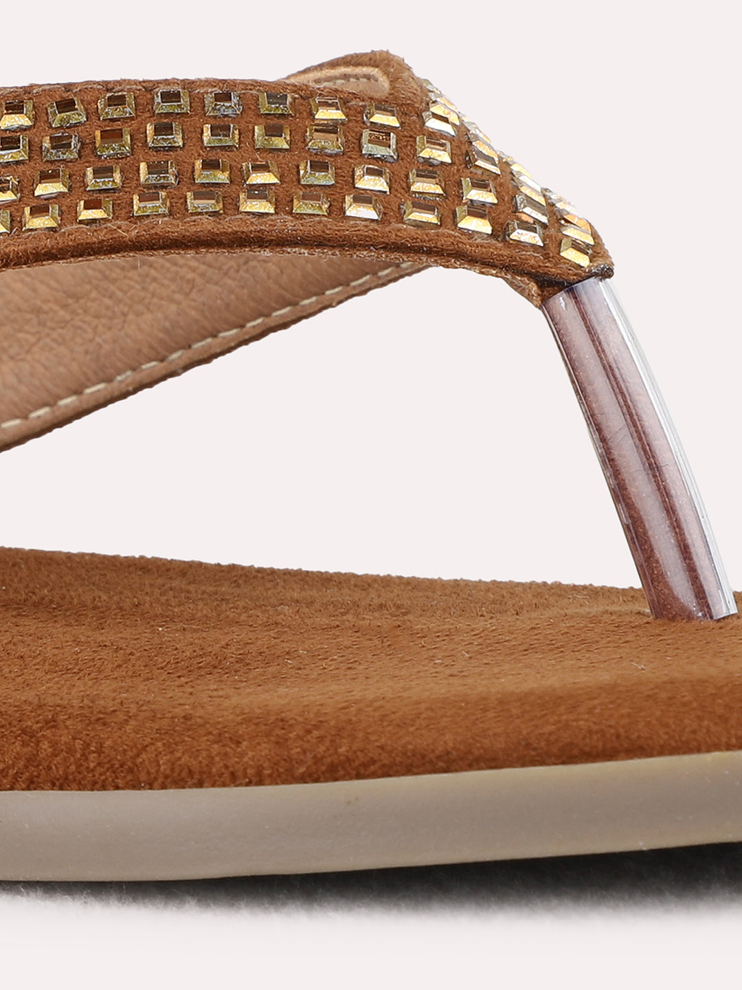 Womens Golden Casual Embellished T-Strap Flats