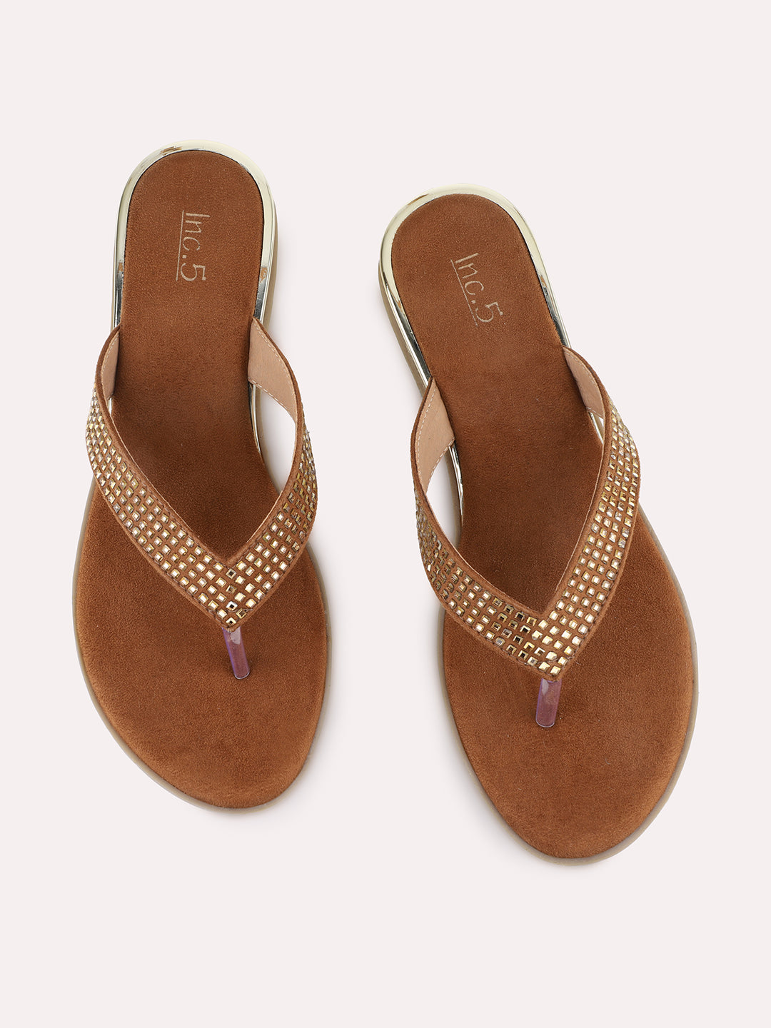 Womens Golden Casual Embellished T-Strap Flats