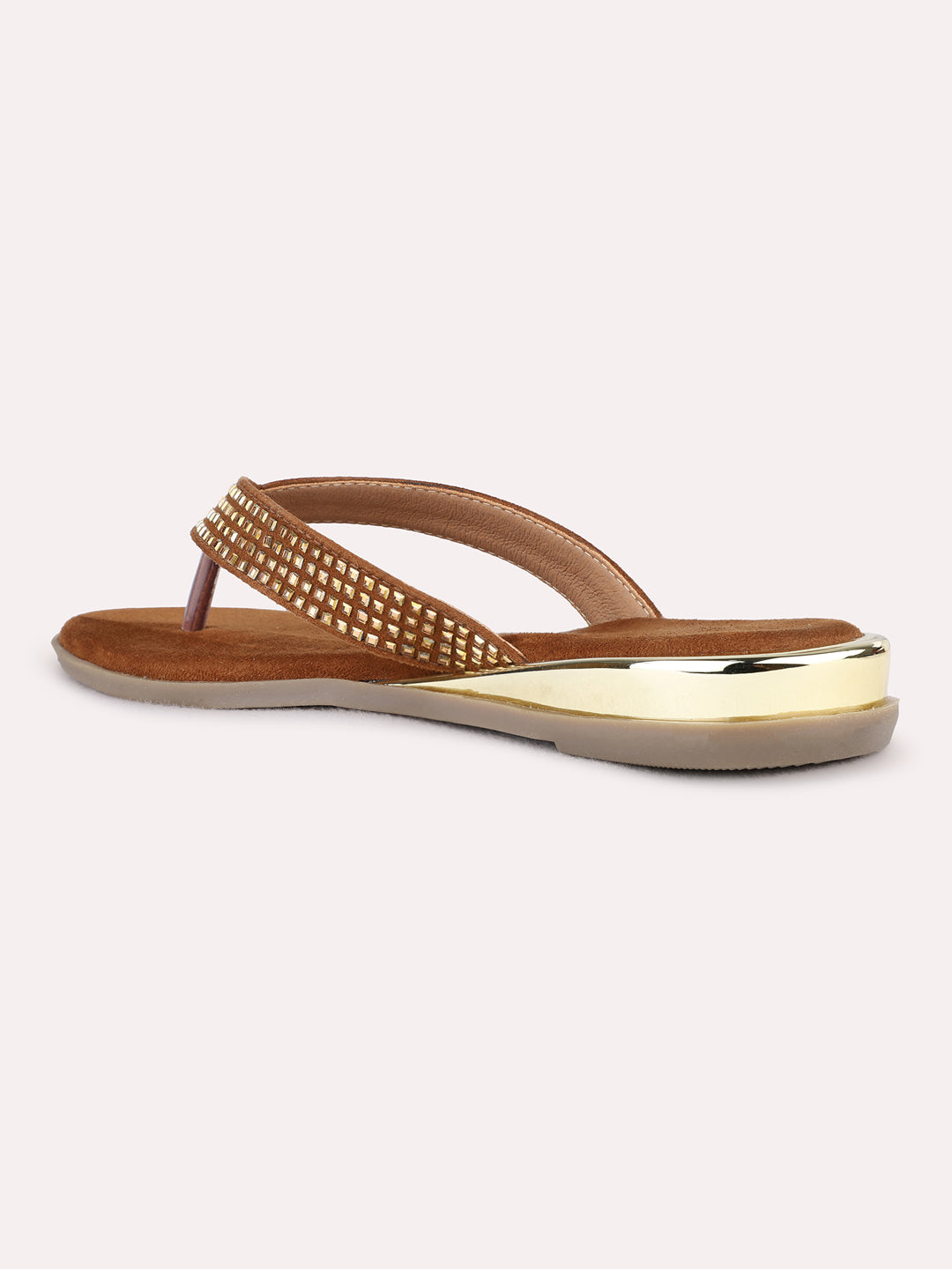 Womens Golden Casual Embellished T-Strap Flats