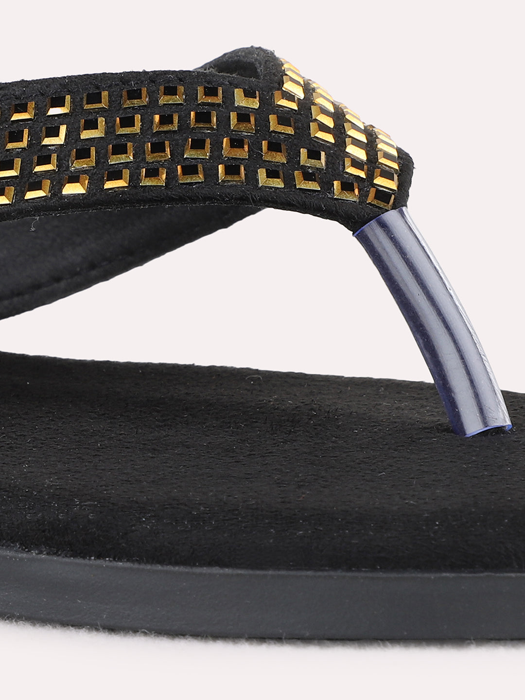 Womens Black Casual Embellished T-Strap Flat Slip On Sandals