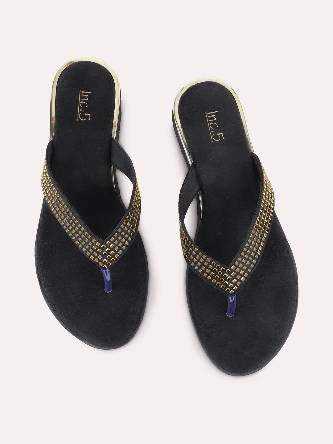 Womens Black Casual Embellished T-Strap Flat Slip On Sandals