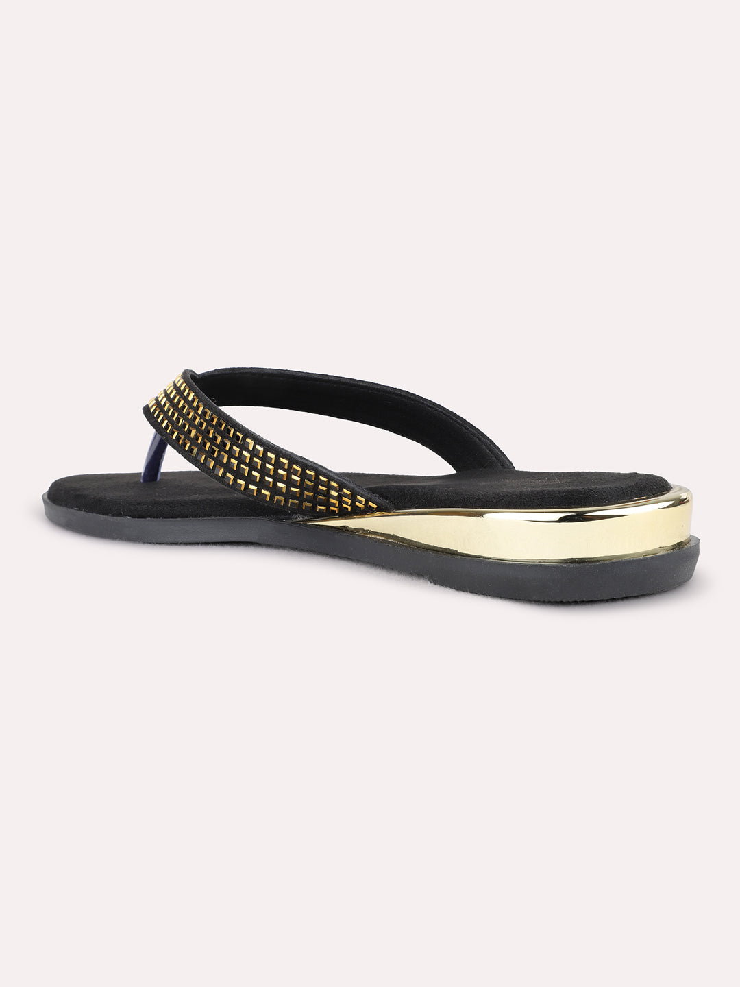 Womens Black Casual Embellished T-Strap Flat Slip On Sandals