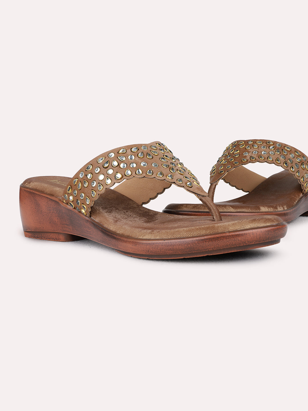 Womens Golden Ethnic Embellished Pattern Wedge Heel Sandal